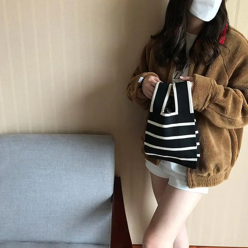 Striped Polyester Bucket Bag