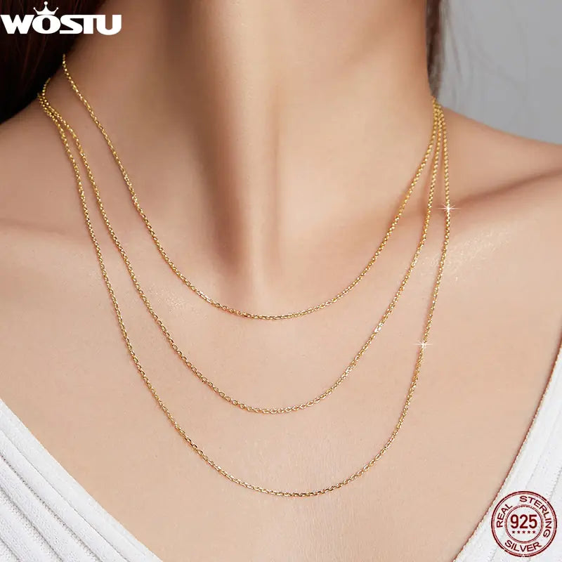 WOSTU 925 Sterling Silver Gold-Plated Simple Chain Necklace