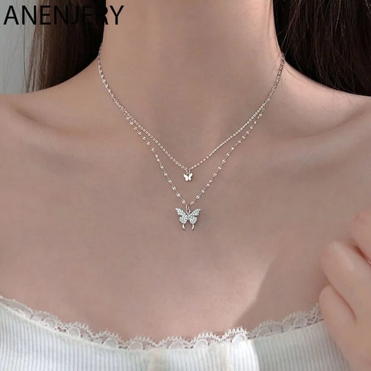 Double Layer Dainty 925 Sterling Silver CZ Butterfly Necklace